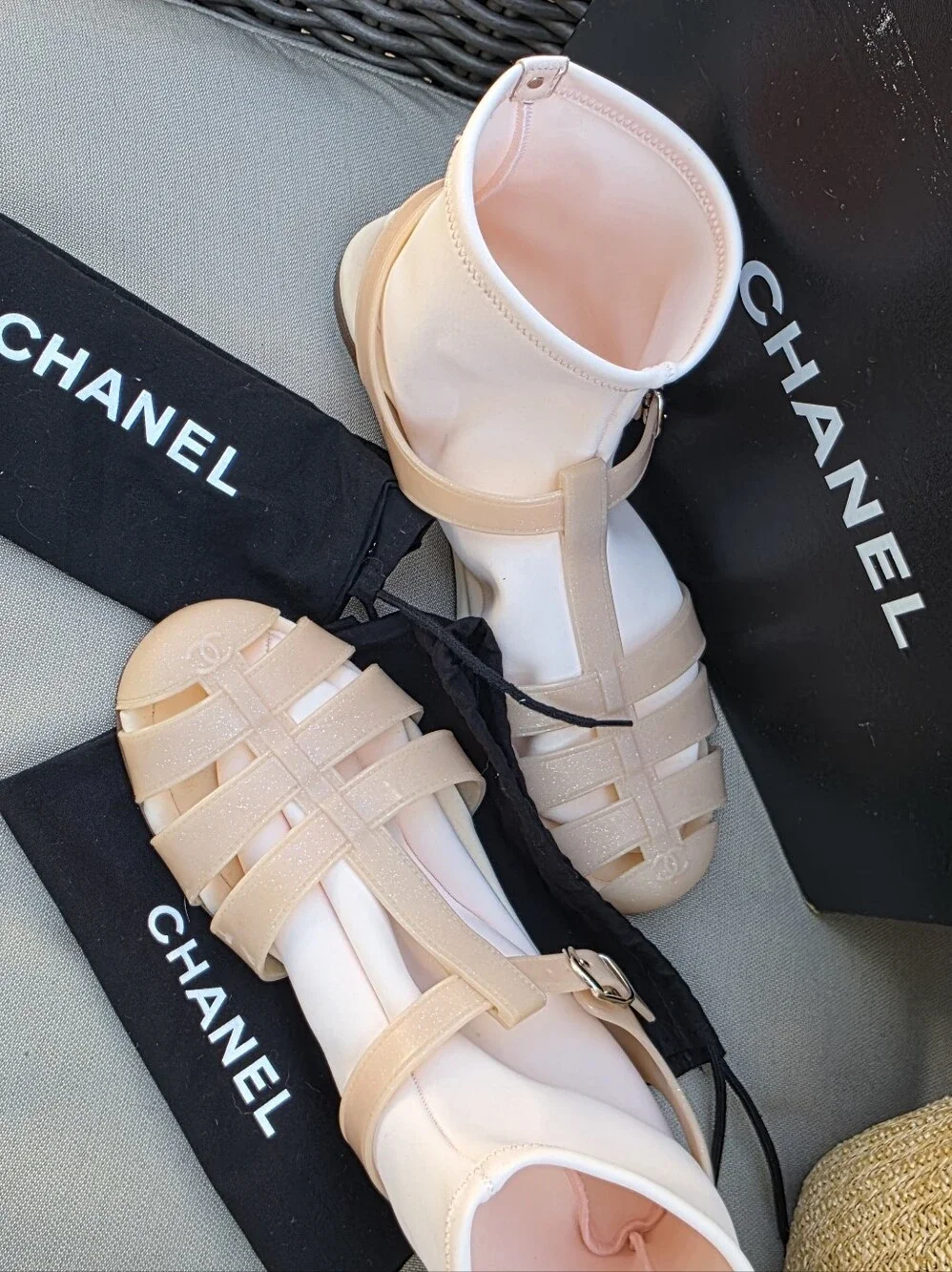 CHANEL Pink Sparkle Jelly Sandals W/Original Box, BootieSocks/Bags (Collectors)